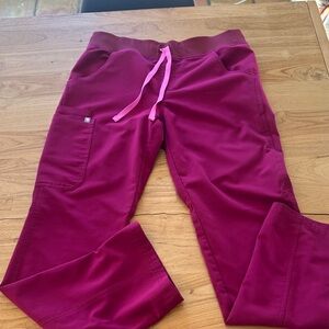 Figs Women's Pants in Burgundy with Pink Drawstring